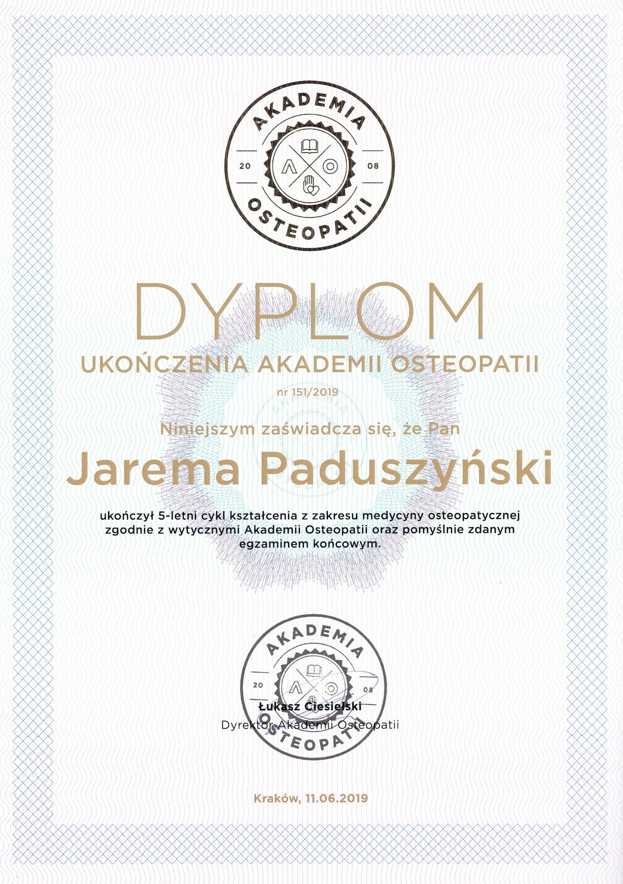 Dyplom ukończenia studiów magisterskich – fizjoterapia