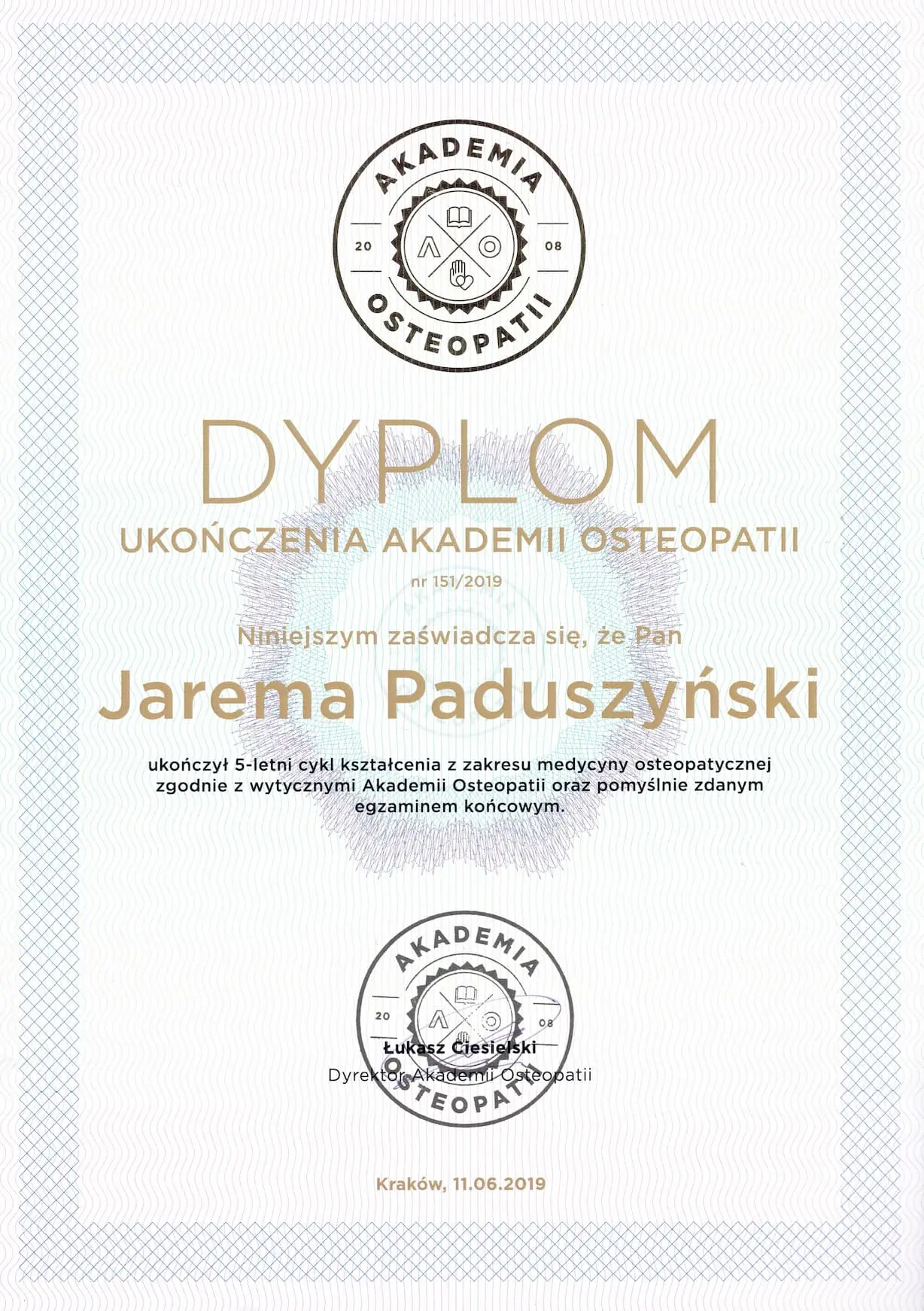 Dyplom ukończenia studiów magisterskich – fizjoterapia