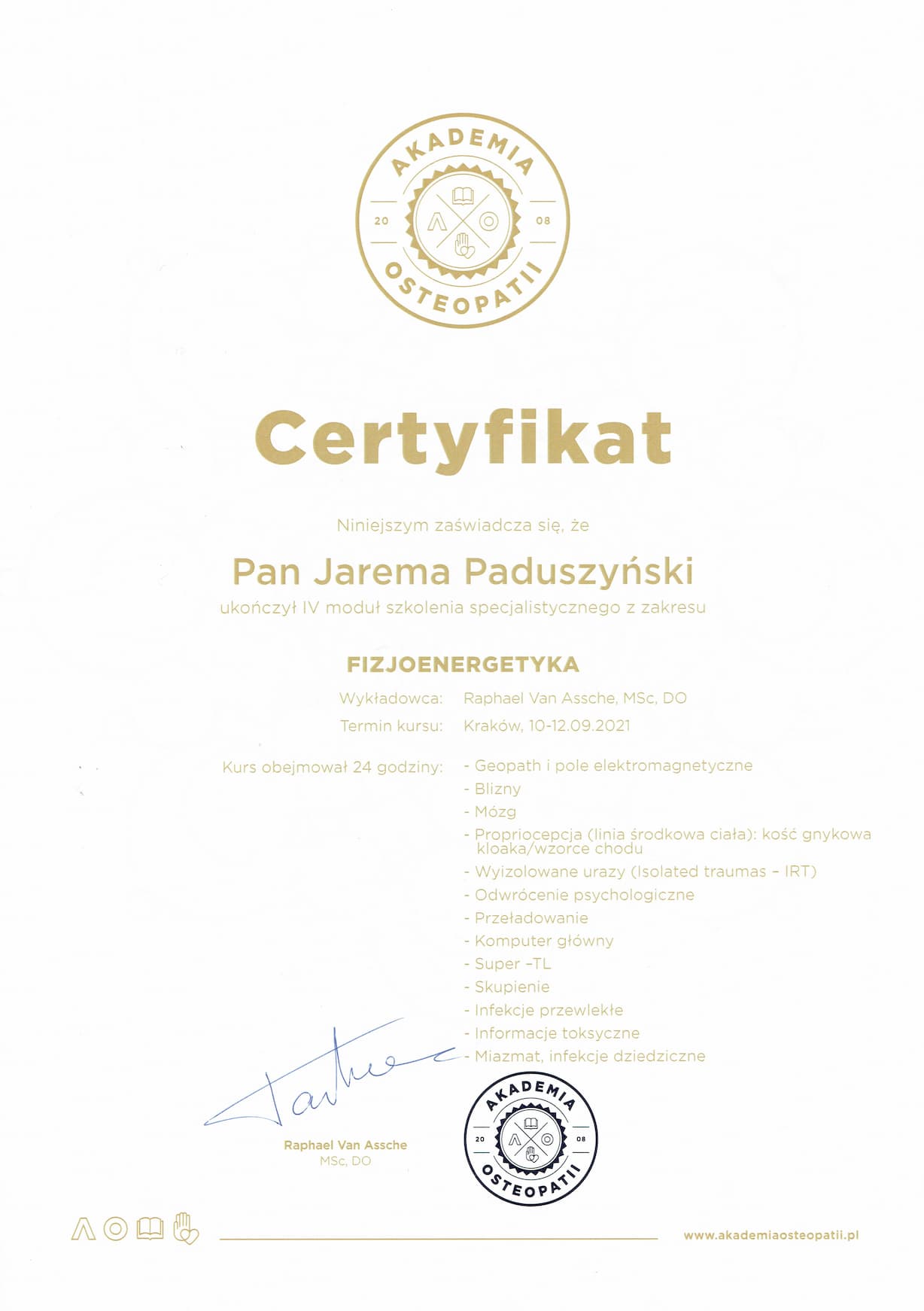 Certyfikat specjalizacji w terapii manualnej