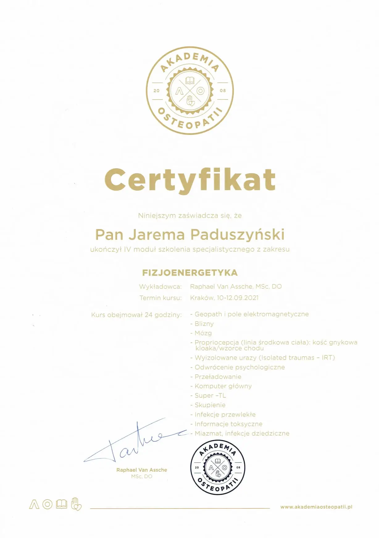 Certyfikat specjalizacji w terapii manualnej
