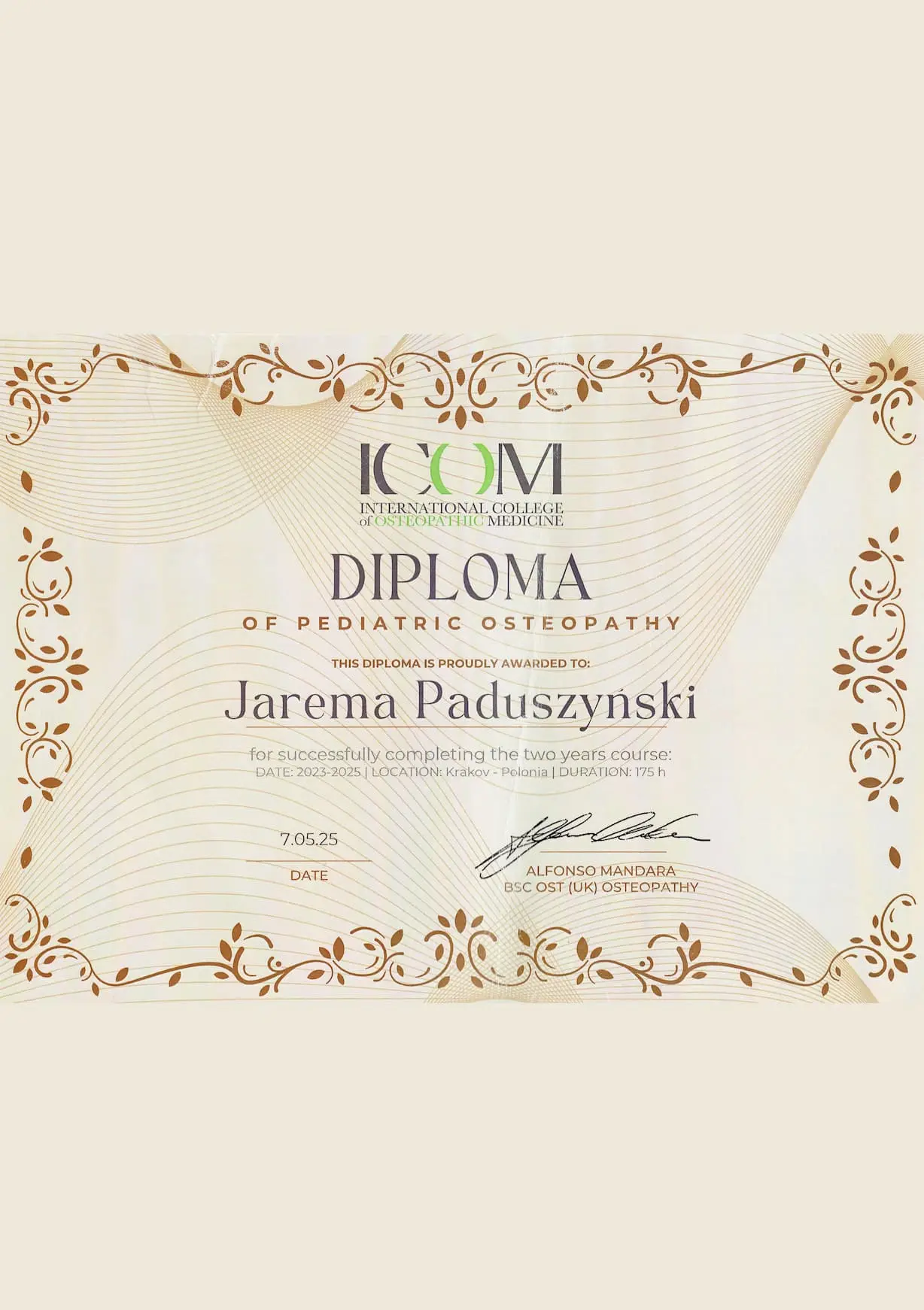 Certyfikat członkostwa w Polskim Towarzystwie Osteopatii